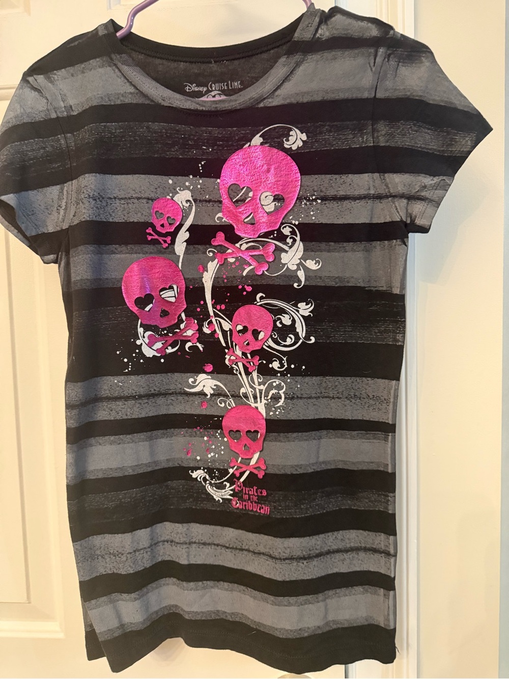 Disney Cruise Pirates of Caribbean' Black & Gray Stripe Tee with Hot Pink Skull